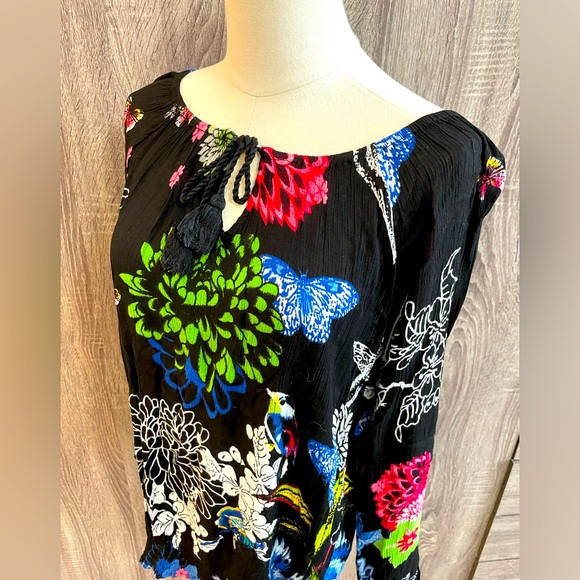 DESIGUAL Black & Floral Print Designer Blouse Longsleeve Flowy Top. Size M - Picture 2 of 12